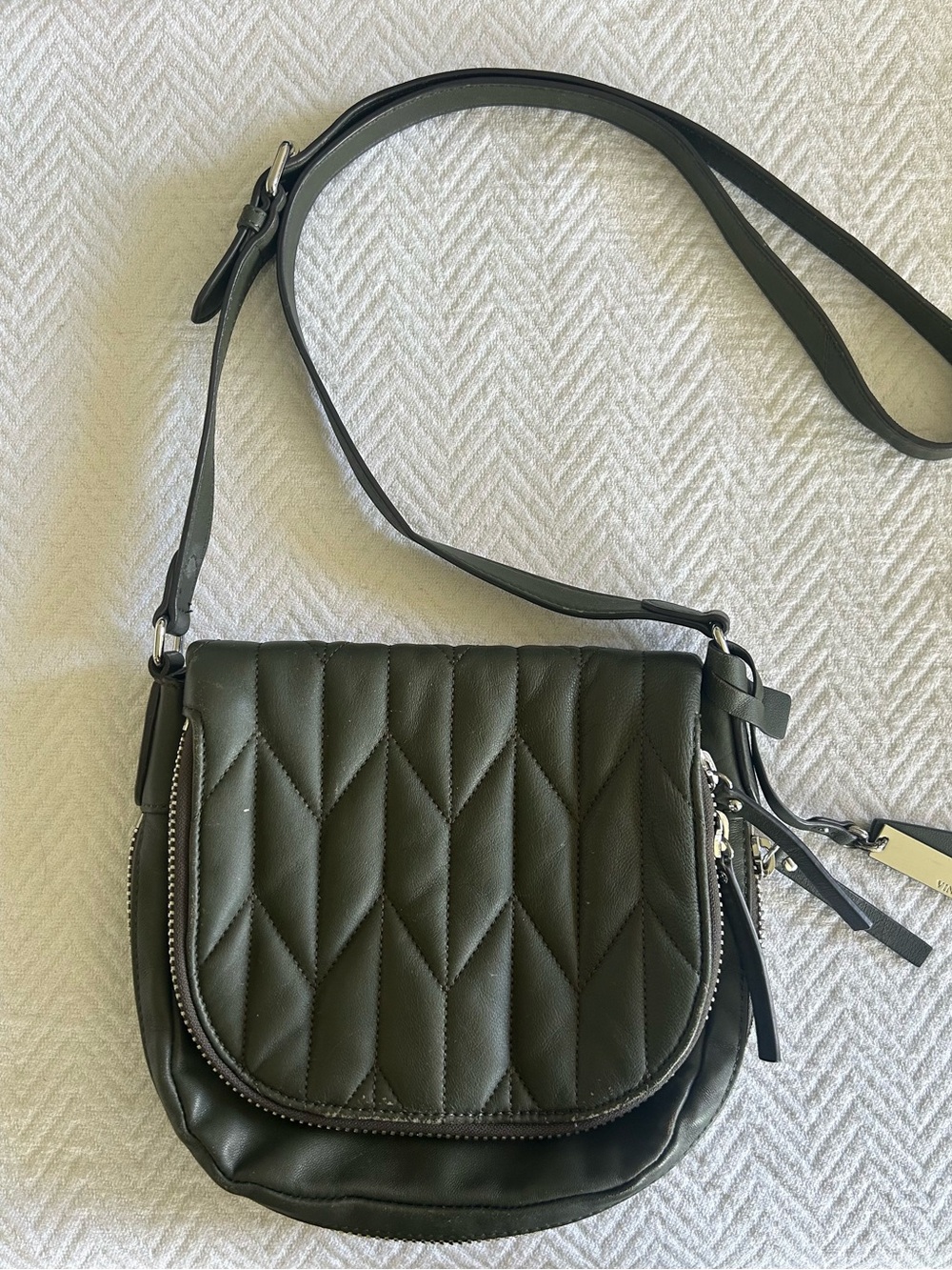 Vince Camuto Olive Leather Quilted Crossbody with Silver Hardware